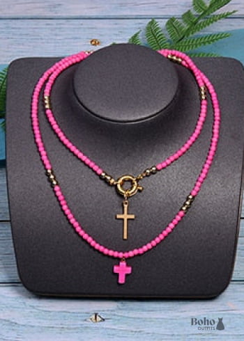 Boho Necklace, Seed Bead Layered Choker, Double Cross